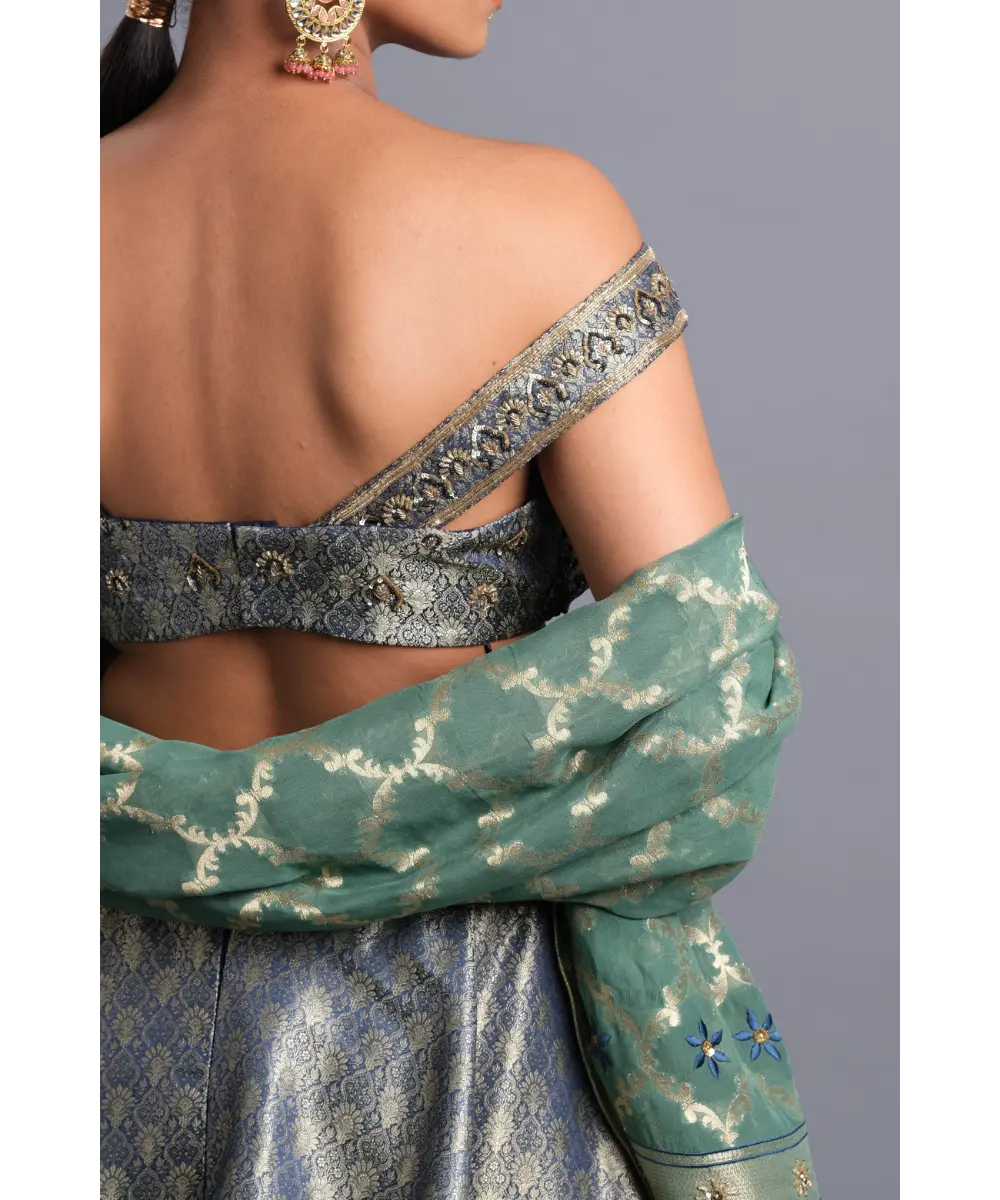 AASTHA SOOD - Teal green georgette Zardozi Lehenga